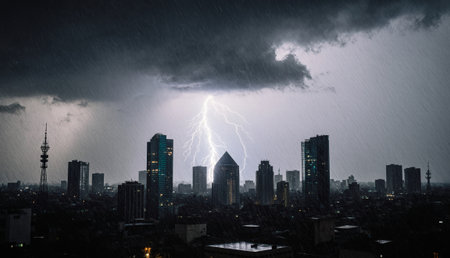 Dark clouds gather over the bustling city as powerful lightning strikes illuminate skyscrapers,...