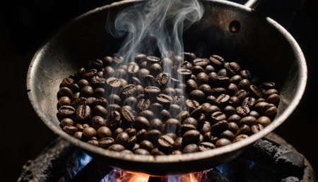 Dark brown coffee beans are roasting in a pan over bright orange flames. Steam rises from the beans, filling the air with a rich aroma of warmth and freshness in a cozy setting.の写真素材