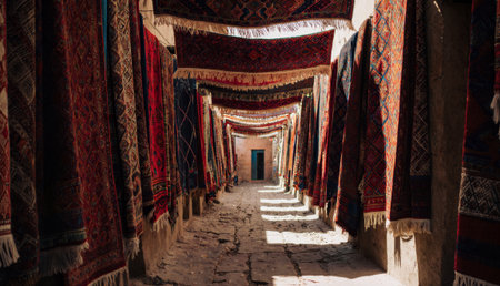 Brightly woven carpets adorn the walls of a bustling market alley in Marrakech. Sunlight streams through, casting shadows on the stone path as vendors showcase their vibrant textiles.の写真素材