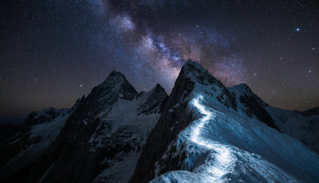 Snow-covered mountains rise majestically against a clear night sky filled with countless stars. The...