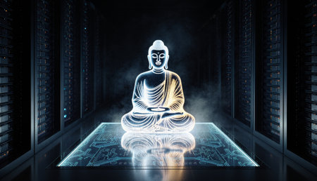 A serene, glowing Buddha figure sits in a high-tech server room filled with dark shelves. Digital patterns glow beneath, blending tradition and modern technology.の写真素材