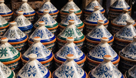 Rows of beautifully crafted tagines sit under the sun, their intricate designs showcasing vibrant colors and patterns. This bustling market scene captures the essence of local craftsmanship.の写真素材