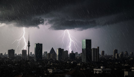 Dark clouds loom over the city as powerful lightning bolts streak through the sky. Raindrops dance on rooftops, creating a captivating scene during a fierce storm at dusk.の写真素材