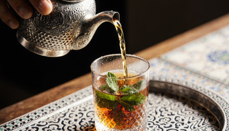 A skilled hand pours fragrant mint tea into a delicate glass, capturing the essence of Moroccan hospitality. The intricate table design enhances this vibrant cultural ritual, promoting connection.の写真素材