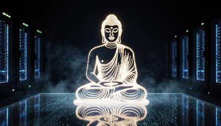 A serene Buddha figure radiates light in a dark space filled with glowing digital elements. The atmosphere feels calm yet futuristic, merging spirituality with technology.の写真素材