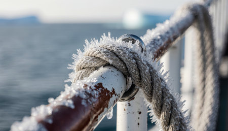 A close-up view of a frozen knot on a ship's railing, sparkling with ice crystals. Chilly water stretches in the background, hinting at a vast, cold landscape under soft winter light.の写真素材