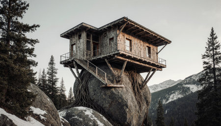 A rustic wooden house stands atop a large rock, surrounded by tall trees and snow-capped mountains. The setting portrays a peaceful escape into nature, inviting adventure and relaxation.の写真素材