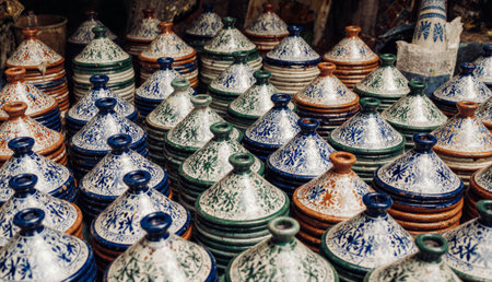 In a lively Moroccan market, colorful tagines are neatly arranged on display. Each pot is adorned with intricate designs, showcasing the rich craftsmanship and cultural heritage of the region.の写真素材