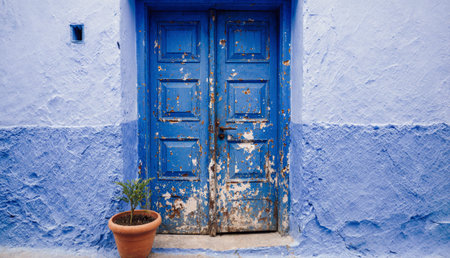 A rustic blue door shows signs of wear and age, set against a matching blue wall. A small potted plant adds a touch of life to this charming street scene under bright midday sunlight.の写真素材