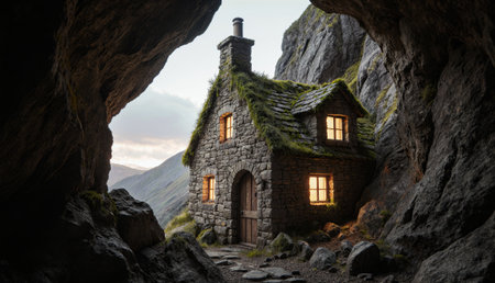 A quaint stone cottage emerges within a rocky cave, illuminated warmly from within. Majestic mountains tower in the background, creating a serene and magical atmosphere at twilight.の写真素材