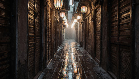Damp cobblestone paths reflect warm light from lanterns lining a narrow alley. The air is thick with serenity as evening descends, creating a tranquil atmosphere in this hidden gem.の写真素材