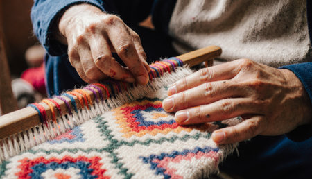 In a sunlit workshop, skilled hands meticulously weave colorful threads into intricate patterns. Each stroke shows passion and dedication to the craft, creating unique textiles.の写真素材
