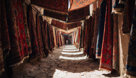 Brightly colored carpets dangle from the walls of a narrow alley, casting playful shadows on the stone path below. The market buzzes with life as visitors admire the woven art.の写真素材