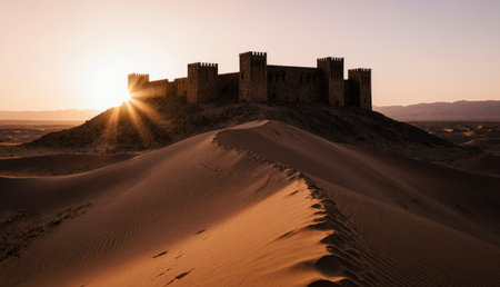 A stunning fortress rises above the sandy dunes, bathed in the warm glow of the morning sun. Shadows...
