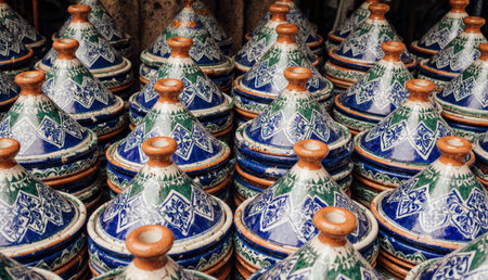 Rows of beautifully crafted tagines display intricate blue and green designs, reflecting Moroccan artistry. These ceramic dishes are perfect for cooking hearty meals and add charm to any kitchen.の写真素材