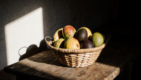 A basket filled with ripe and colorful fruits rests on a sturdy wooden table. Soft sunlight streams through a nearby window, creating a warm and inviting atmosphere.の写真素材
