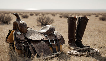 A weathered saddle and brown leather boots sit on golden grass under a bright sky. A sturdy rope is coiled nearby, evoking the spirit of the open range and the promise of adventure.の写真素材