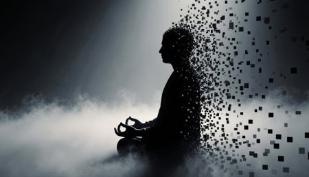 In a serene setting, a solitary figure sits in a meditation pose. As they breathe deeply, surrounding fog blends with floating digital particles that seem to dissolve into the atmosphere.の写真素材