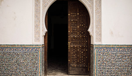 A beautifully crafted wooden door opens into a serene Moroccan courtyard, surrounded by colorful...