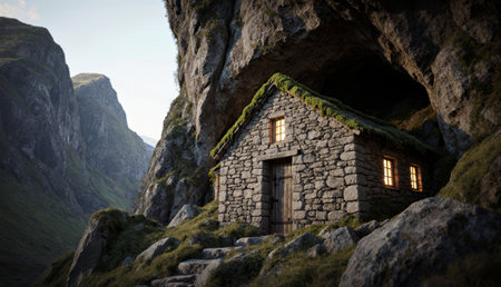 Nestled between towering cliffs, the cozy stone cottage glows warmly as morning light breaks. Lush greenery envelops the roof, creating a serene atmosphere in this enchanting landscape.の写真素材