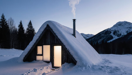 A small wooden cabin stands surrounded by deep snow in a tranquil mountain setting. Smoke rises from the chimney, and warm light shines from the windows, creating a welcoming scene at dusk.の写真素材