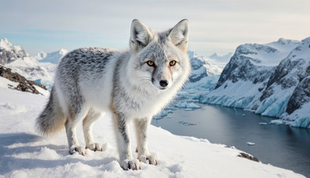 A fluffy mountain fox navigates the snowy terrain, its fur blending with the winter landscape. In...