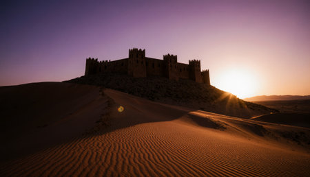 A grand castle stands atop a sandy dune as the sun sets in the background, casting a serene glow over the desert landscape. Shadows stretch across the rippled sands.の写真素材