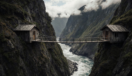 Two wooden cabins stand on opposite cliffs, connected by a narrow bridge. A rushing river flows below, surrounded by towering mountain walls, under a sky filled with swirling clouds.の写真素材