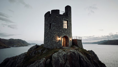 Nestled on rocky terrain, a stone tower stands tall against the twilight sky. The calm waters...