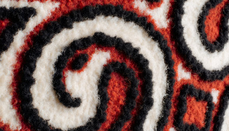 Richly textured fabric displays swirling patterns in vibrant shades of red, black, and cream. This piece highlights the artistry of traditional wool craftsmanship, perfect for home decor.の写真素材