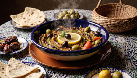 A vibrant Moroccan dish is steaming on a patterned tablecloth, surrounded by olives, dates, and warm...