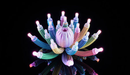 A vibrant arrangement of colorful wires radiates from a central point, each ending in glowing...