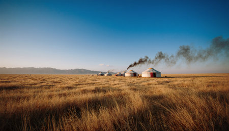 In a sprawling grassland, traditional yurts stand proudly under a vast blue sky. Dark smoke curls into the air from the chimneys, hinting at warmth and life within these unique homes.の写真素材