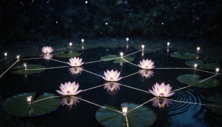 Glowing pink lilies bloom on the calm surface of a pond, illuminated by delicate lights. The night sky is filled with stars, creating a peaceful and magical atmosphere.の写真素材