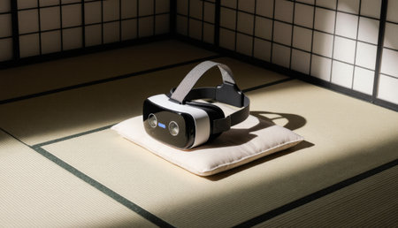 A virtual reality headset is placed gently on a soft cushion in a tranquil Japanese-inspired space....