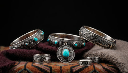 Silver bracelets adorned with turquoise stones and an elegant pendant are arranged beautifully on a...