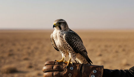 A majestic falcon sits calmly on a gloved hand, surrounded by endless sandy terrain and a bright blue sky. The serene atmosphere highlights the bond between the bird and its handler.の写真素材