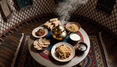 Steam rises from a pot as friends share a meal in a yurt. Plates of food and bread surround a shining teapot, creating a comforting and inviting atmosphere for everyone.の写真素材