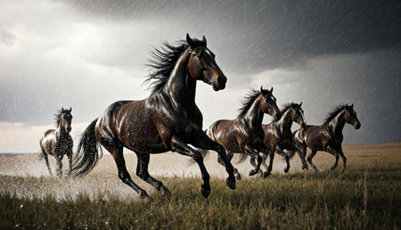 A group of powerful horses runs freely through a grassy field as rain pours from a dramatic, dark sky. Their manes fly in the wind, showcasing their wild spirit and grace amidst natures fury.の写真素材
