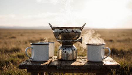 Morning light bathes a peaceful landscape as a coffee pot brews hot coffee. Two white mugs wait on a...