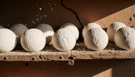 In a cozy artisanal workshop, soft white spheres rest on a wooden shelf, basking in the gentle...