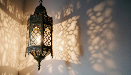 A stunning lantern hangs on the wall, casting delicate shadows across the surface. The warm glow creates a serene atmosphere, inviting relaxation and reflection in a cozy setting.の写真素材