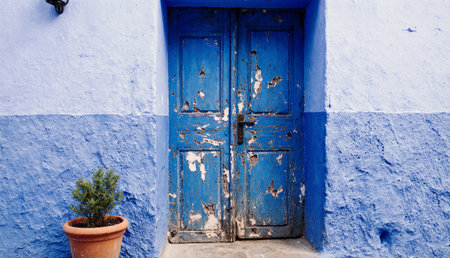 Bright blue door with peeling paint stands out against a textured wall. A small potted plant adds a touch of life, capturing the charm of a quaint village scene in midday light.の写真素材