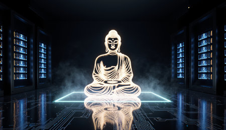 A luminous figure of Buddha sits serenely in a dark, high-tech room filled with glowing servers. Soft mist surrounds the glowing statue, creating a peaceful atmosphere in a digital world.の写真素材