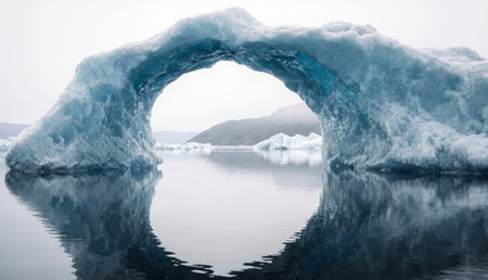 An enchanting ice arch rises from the tranquil sea, surrounded by floating icebergs. The soft light...