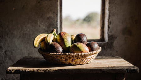 A vibrant basket filled with ripe avocados and bananas sits on a wooden table. Sunlight streams through the window, casting soft shadows and illuminating the fresh fruits and rustic setting.の写真素材
