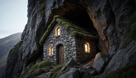 A cozy stone cottage is set against a dramatic rocky cave, its warm lights glowing softly at...