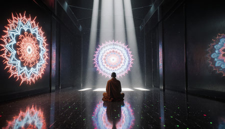 A calm figure sits in deep meditation, illuminated by beams of light. Colorful mandalas glow on the walls, creating a serene atmosphere that invites contemplation and peace.の写真素材