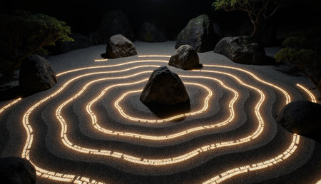 A serene garden scene at night featuring a spiral pathway made of glowing light lines. Large stones are strategically placed around the sandy area, creating a calming atmosphere.の写真素材
