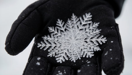 A stunning snowflake rests gently on a black glove, showcasing intricate patterns. Soft snow falls...